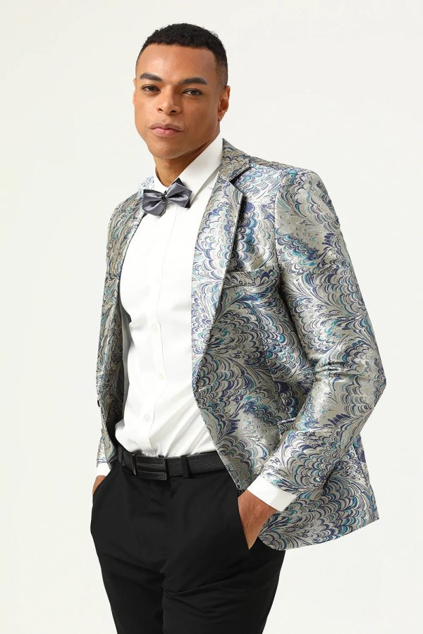 Zilveren en blauwe Jacquard Gekerfde Revers Heren Prom Blazer Jetzt online – Bild 3