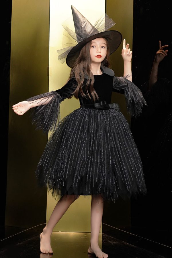 Sparkly Zwart Fluwelen Lange Mouwen Halloween Girl Jurk Online – Bild 3