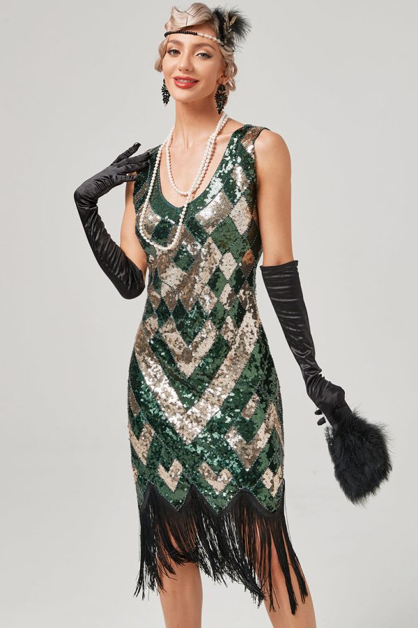 Groene ronde hals mouwloze flapper jurk met franjes Im Angebot