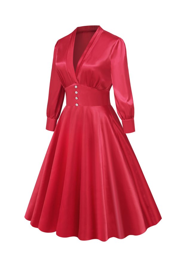 Retro Stijl V Hals Vintage Jurk met Lange Mouwen Online – Bild 3