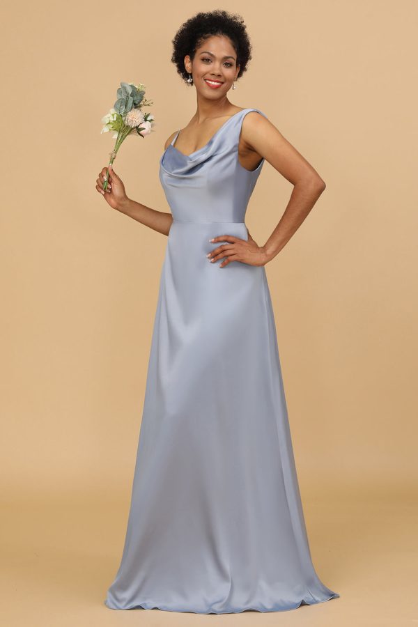 A Line Asymmetrical Neck Grijs Blauw Satin Long Bridesmaid Dress Online-Schn?ppchen – Bild 3