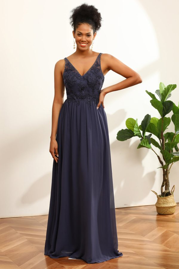 Marine V-hals lange chiffon bruidsmeisjesjurk met open rug Schn?ppchen