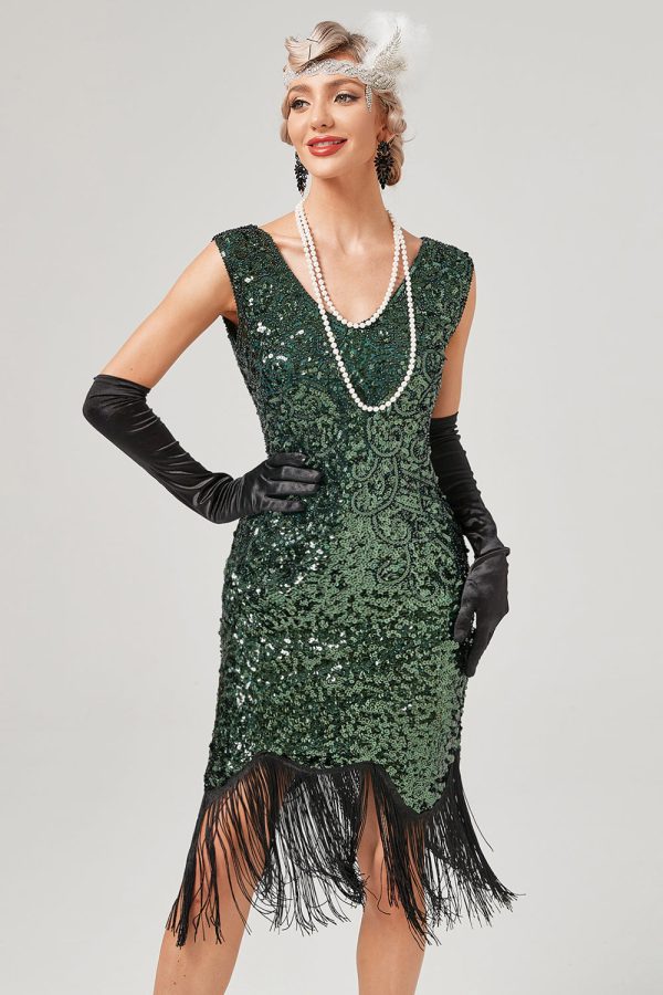 Donkergroene V-hals gatsby jurk met pailletten en franjes Online