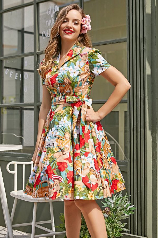 Vintage Print jaren 1950 Swing Dress Im Angebot