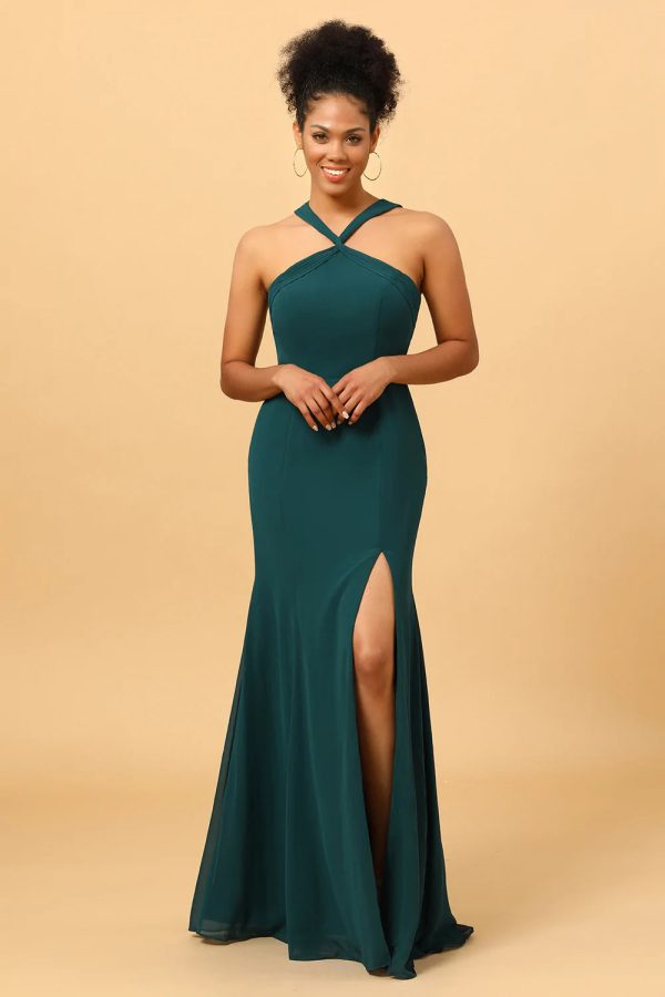 Groene Zeemeermin Chiffon Bruidsmeisjesjurk met Spleet Online