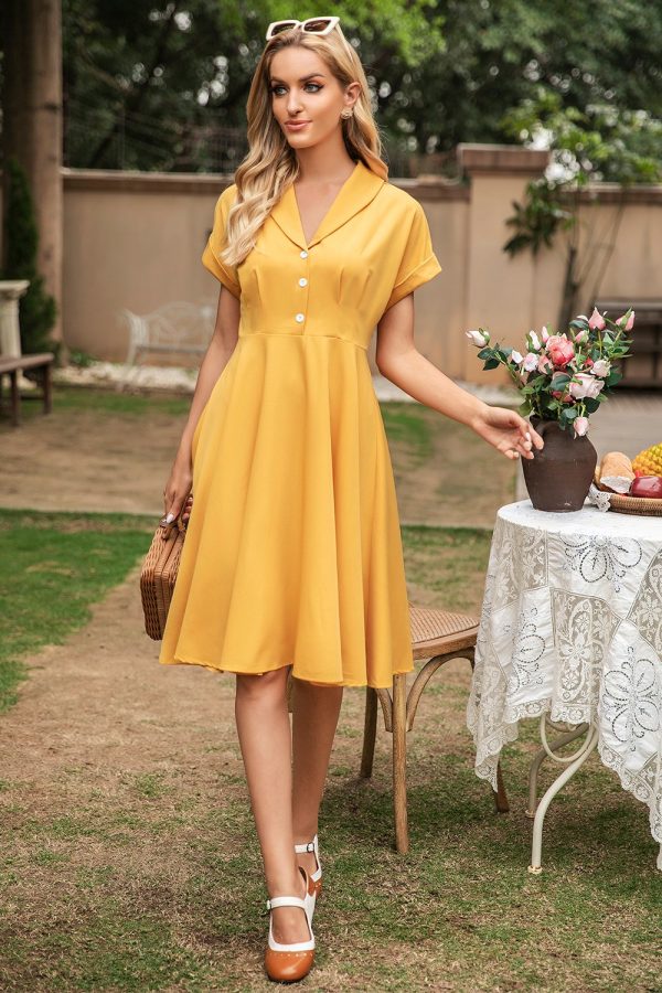Elegante gele V Hals Vintage Jurk Schn?ppchen – Bild 3