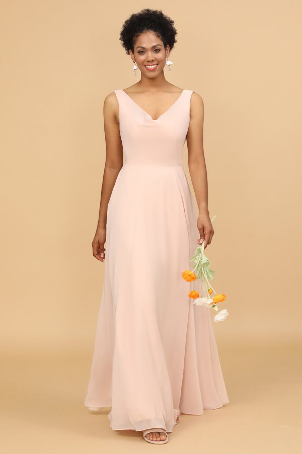 A Line V Neck Blush Chiffon Lange Bruidsmeisje Jurk Zu verkaufen