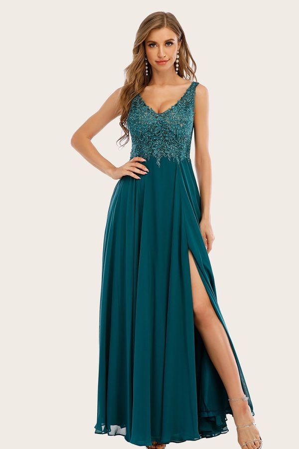 Turquoise Chiffon Long Prom Jurk met Kralen Verkauf
