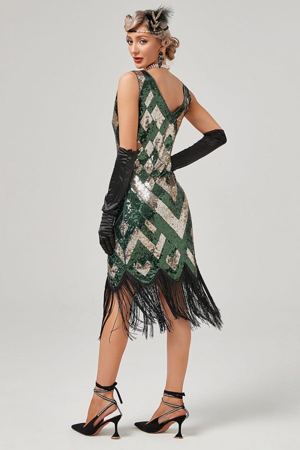Groene ronde hals mouwloze flapper jurk met franjes Im Angebot – Bild 2