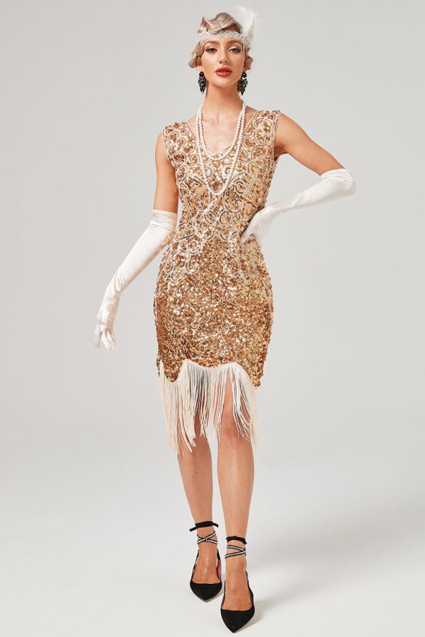 Donkergroene V-hals gatsby jurk met pailletten en franjes Online – Bild 4