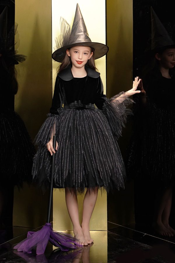 Sparkly Zwart Fluwelen Lange Mouwen Halloween Girl Jurk Online