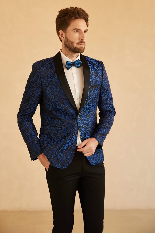Blauwe Sjaal Revers Jacquard One Button Heren Gala Blazer Schn?ppchen