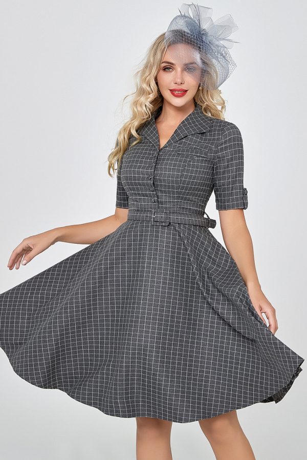 Grijs Geruite Halve Mouwen Vintage Jaren 1950 Jurk Zu verkaufen