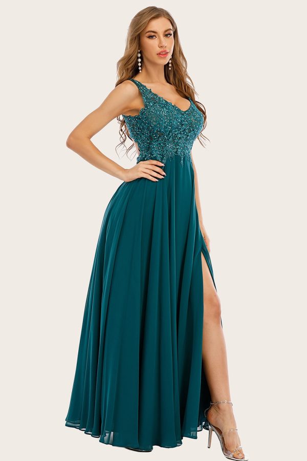 Turquoise Chiffon Long Prom Jurk met Kralen Verkauf – Bild 4