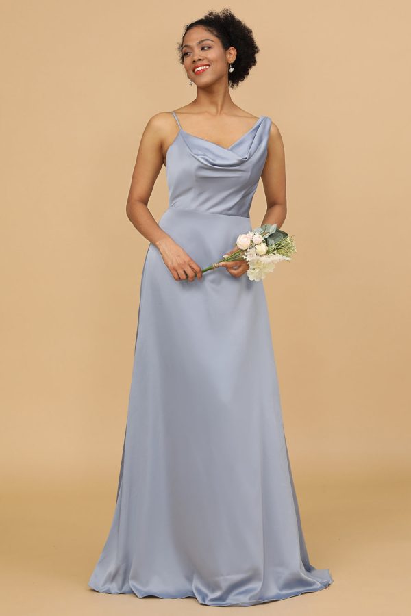 A Line Asymmetrical Neck Grijs Blauw Satin Long Bridesmaid Dress Online-Schn?ppchen – Bild 4