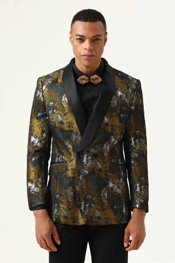Gele Jacquard Double Breasted Shawl Revers Heren Prom Blazer Online-Schn?ppchen