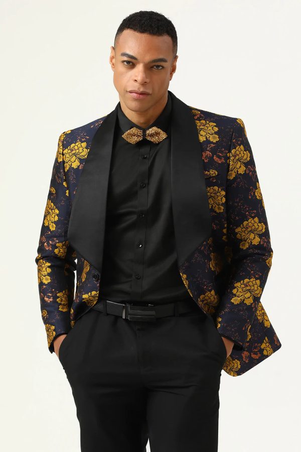 Gele Bloemen Sjaal Revers Jacquard Heren Prom Blazer Schn?ppchen