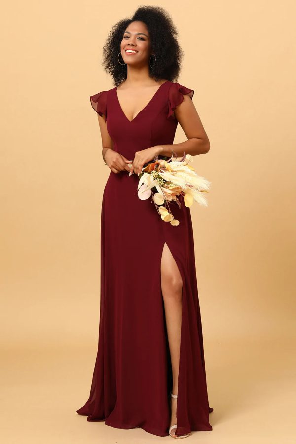 Chiffon Bordeaux Bruidsmeisjesjurk met Spleet Schn?ppchen – Bild 3