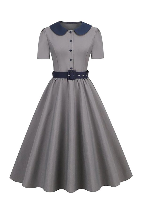 Peter Pan Kraag Grijs Jaren 1950 Jurk met Riem Rabatt