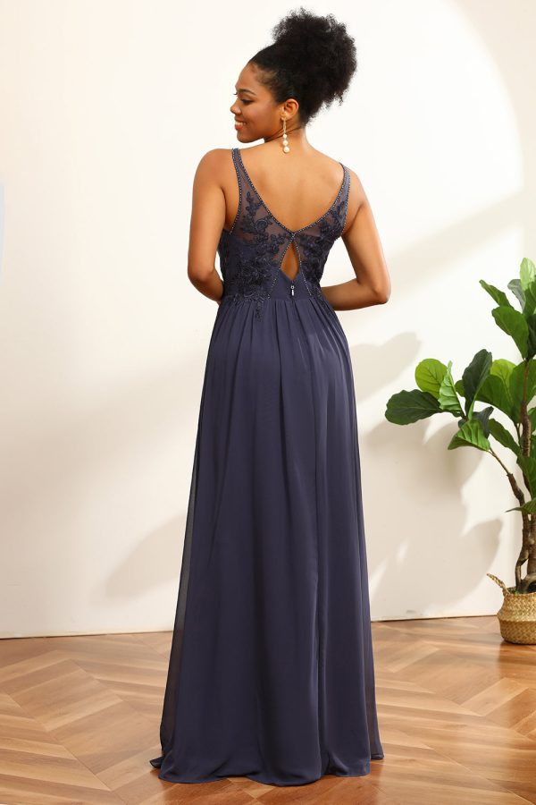 Marine V-hals lange chiffon bruidsmeisjesjurk met open rug Schn?ppchen – Bild 2