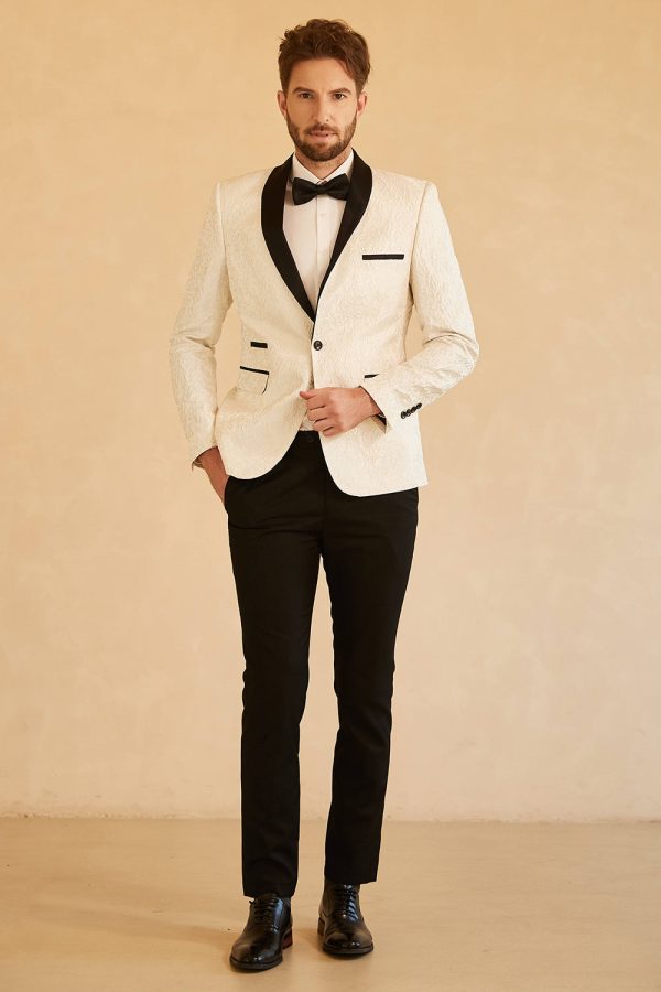Witte Sjaal Revers Jacquard One Button Heren Prom Blazer Rabatt