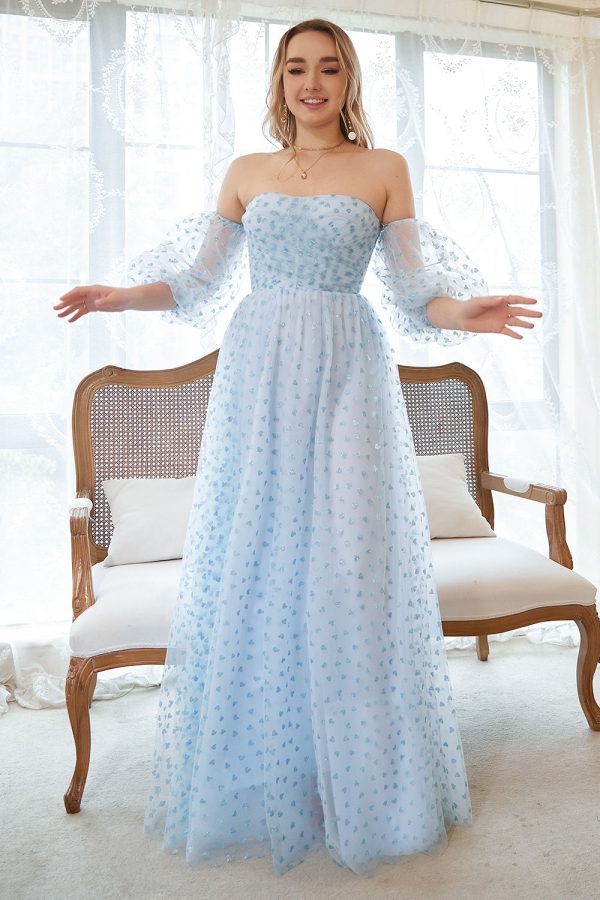 A lijn strapless blauw bedrukte plus size galajurk met halve mouwen Online-Verkauf – Bild 4
