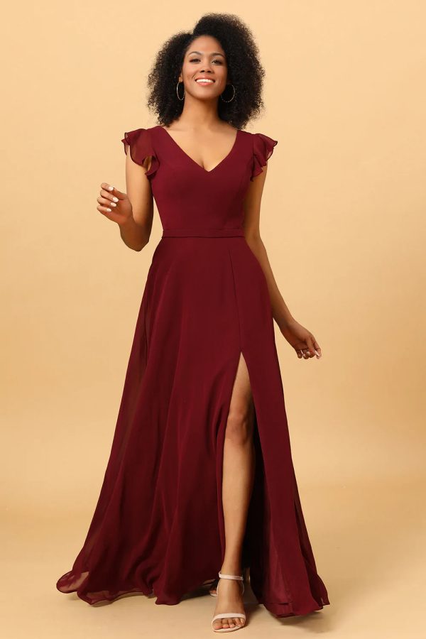 Chiffon Bordeaux Bruidsmeisjesjurk met Spleet Schn?ppchen – Bild 4