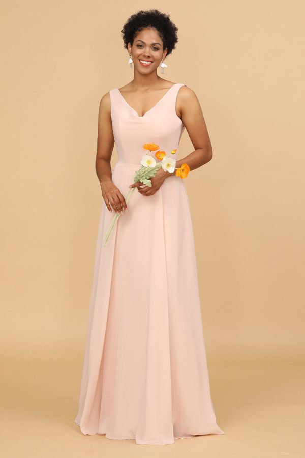 A Line V Neck Blush Chiffon Lange Bruidsmeisje Jurk Zu verkaufen – Bild 3