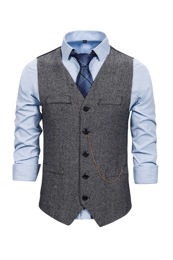 V-hals Single Breasted Heren Grijs Casual Vest Im Angebot
