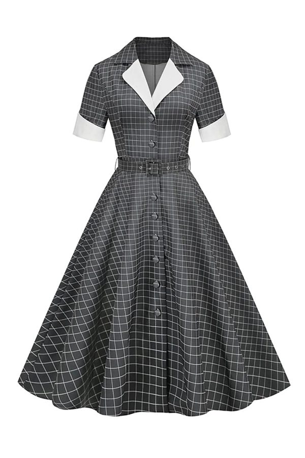Grijs Geruite Revers Hals Vintage Jurk Online-Verkauf