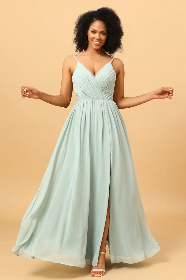 Mintgroene A-Lijn Ruched Chiffon Bruidsmeisjesjurk Im Angebot