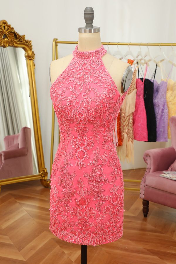 Roze Open Back Halter Lace Strakke Homecoming Jurk Schn?ppchen – Bild 3