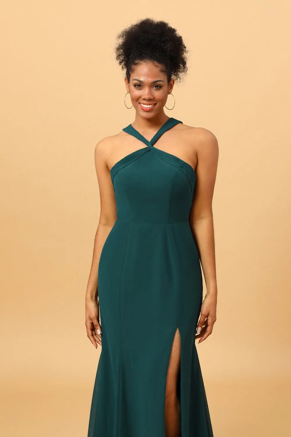 Groene Zeemeermin Chiffon Bruidsmeisjesjurk met Spleet Online – Bild 5