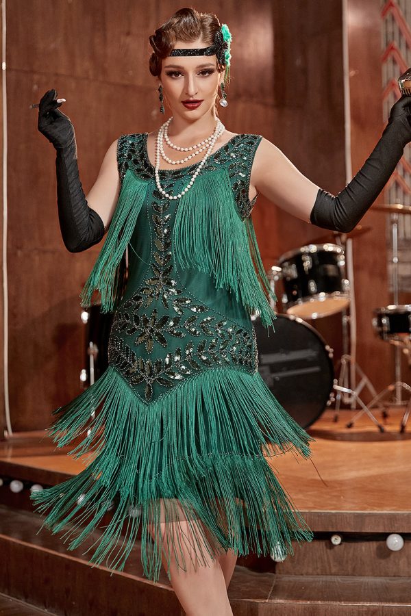 Donkergroene Gatsby jaren 1920 Jurk met pailletten en franjes Online-Schn?ppchen