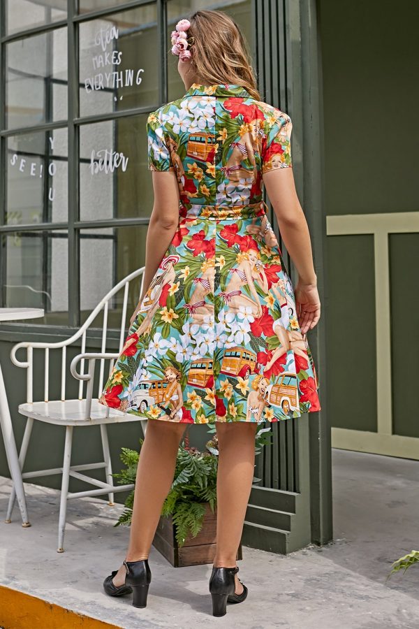 Vintage Print jaren 1950 Swing Dress Im Angebot – Bild 2