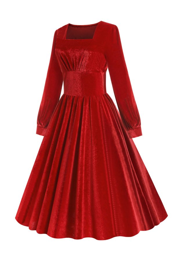 Rood Fluwelen Midi A-lijn Vintage Jurk Zu verkaufen – Bild 3