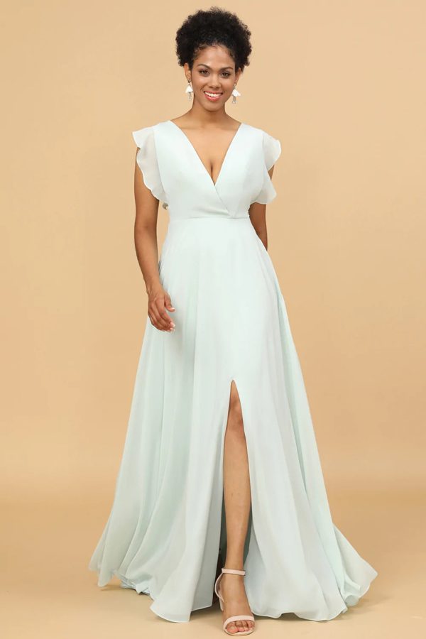 Mint Chiffon V-Hals Bruidsmeisje Jurk Im Angebot