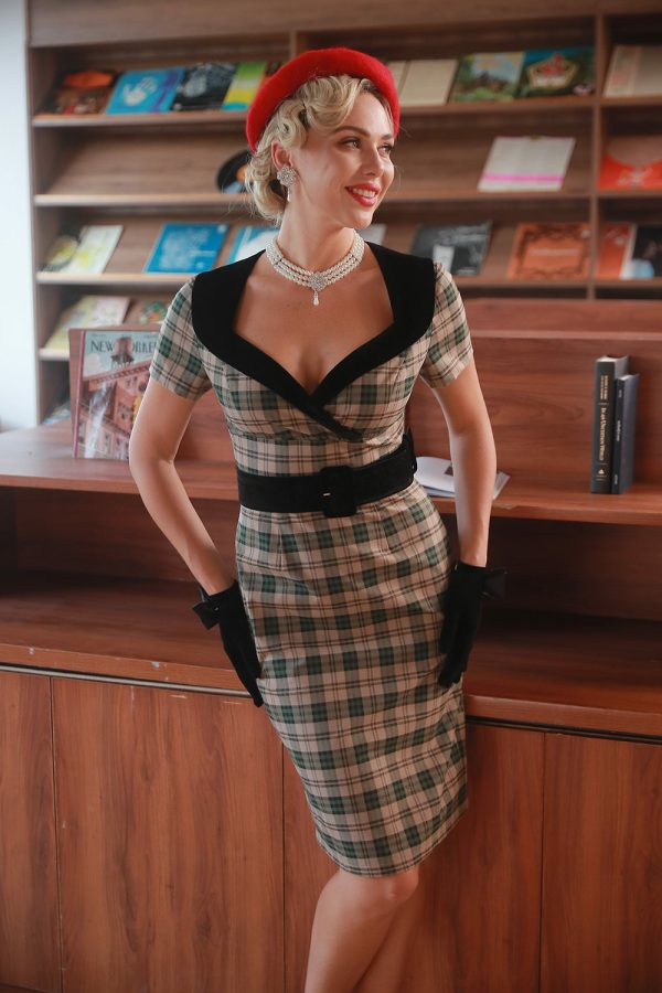 Khaki Plaid jaren 1960 Vintage Jurk met Riem Angebot