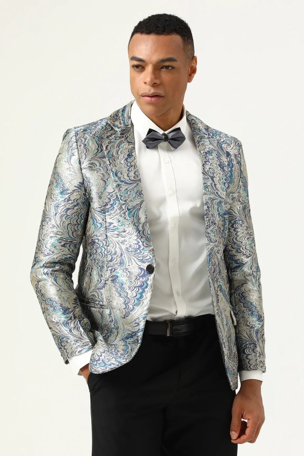 Zilveren en blauwe Jacquard Gekerfde Revers Heren Prom Blazer Jetzt online