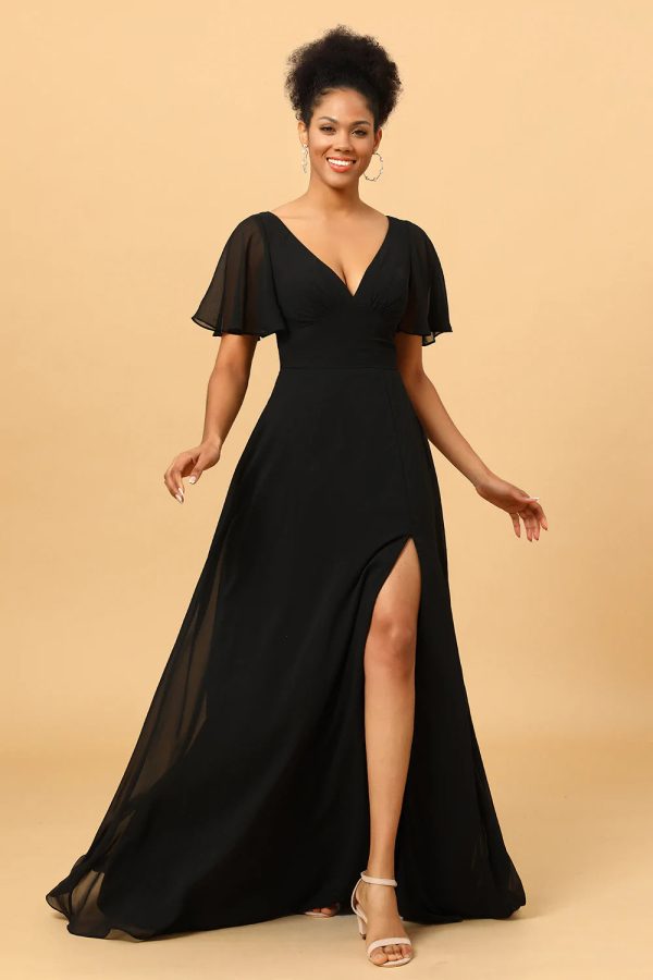 Zwarte Batwing Mouwen Lange Chiffon Bruidsmeisje Jurk Rabatt – Bild 5