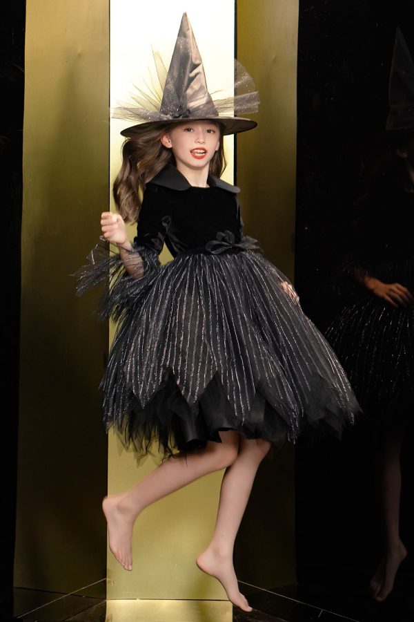 Sparkly Zwart Fluwelen Lange Mouwen Halloween Girl Jurk Online – Bild 2