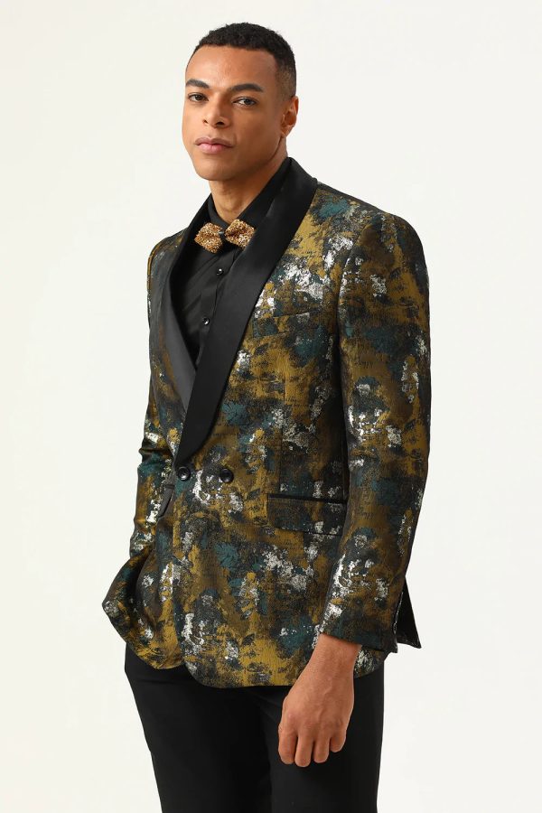 Gele Jacquard Double Breasted Shawl Revers Heren Prom Blazer Online-Schn?ppchen – Bild 5