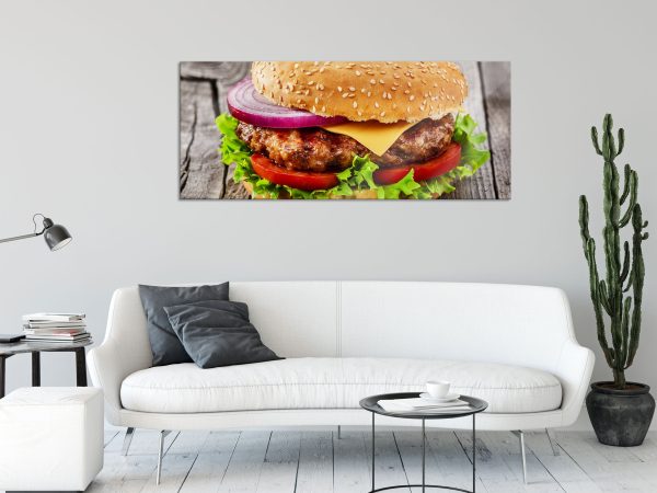 Leckerer Cheeseburger, Glasbild Panorama Verkauf – Bild 2