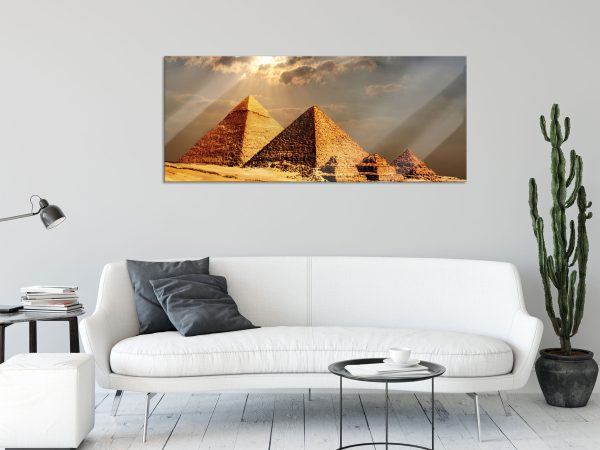 Pyramiden von Gizeh im Sonnenlicht, Glasbild Panorama Online – Bild 2
