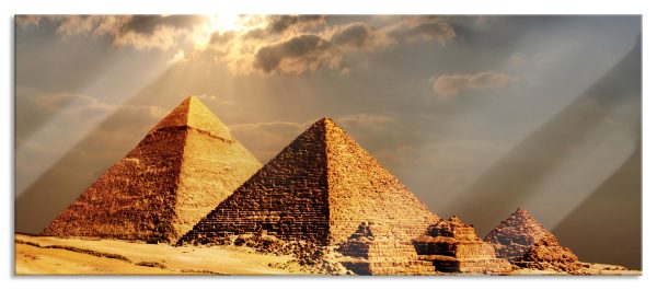 Pyramiden von Gizeh im Sonnenlicht, Glasbild Panorama Online