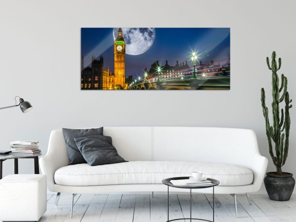 Big Ben vor Mond in London, Glasbild Panorama Online-Verkauf – Bild 2