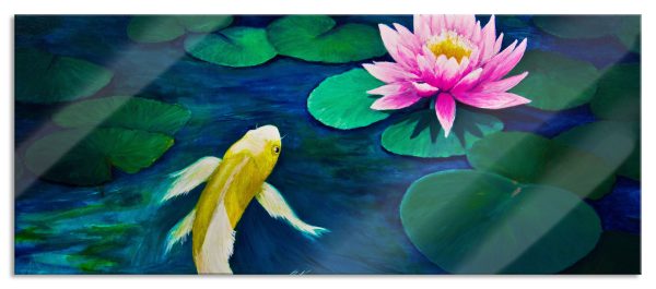 Koi mit Seerose Kunst, Glasbild Panorama Im Angebot