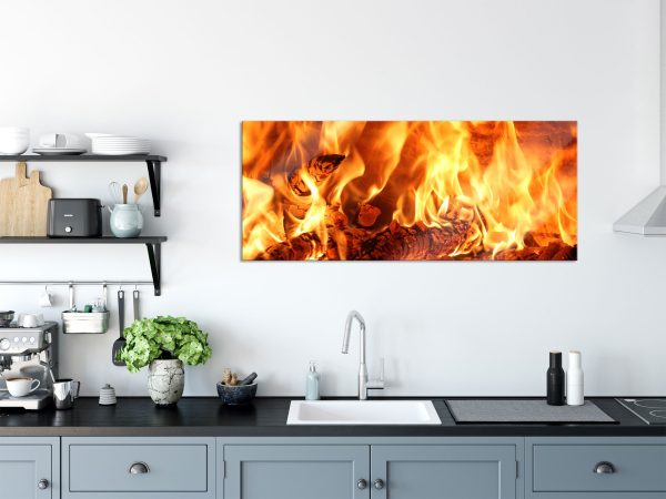 Gemütliches Holz im Feuer, Glasbild Panorama Online-Verkauf – Bild 3