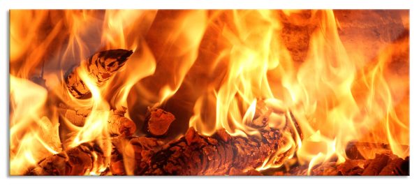 Gemütliches Holz im Feuer, Glasbild Panorama Online-Verkauf