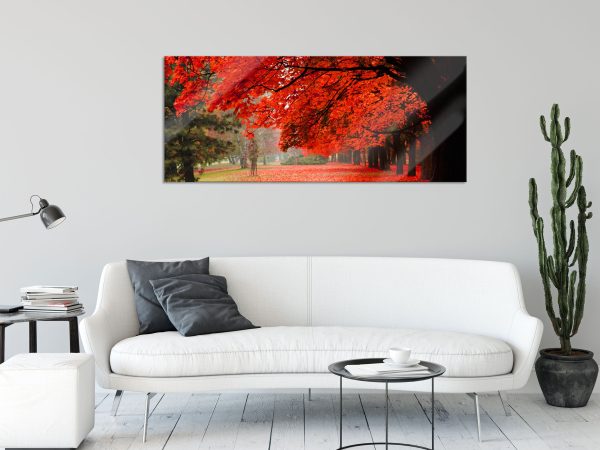 Rot gefärbter Park im Herbst, Glasbild Panorama Mode – Bild 2